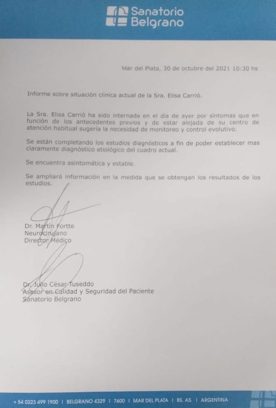 El último parte médico sobre la salud de Elisa Carrió