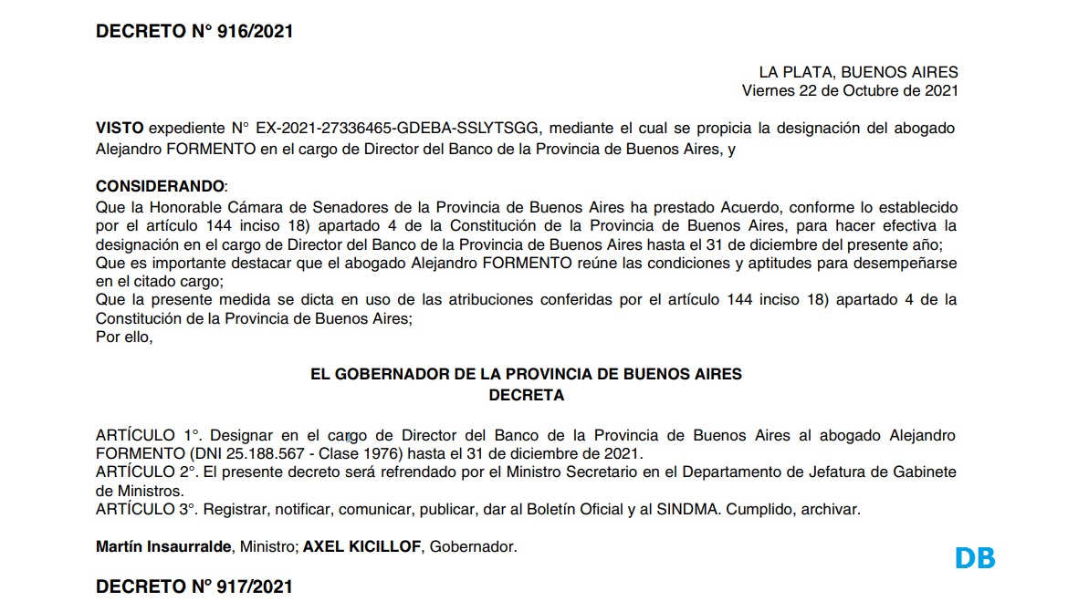 El decreto que oficializa a Alejandro Formento como director del Banco Provincia. 