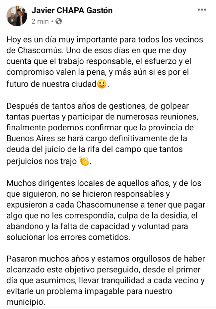 El intendente Javier Gaston festejó la novedad sobre la rifa Chascomús. 