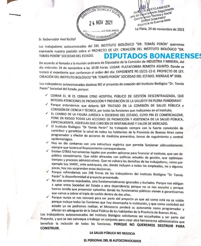 La carta que los trabajadores del Instituto Biológico le presentaron Kicillof.