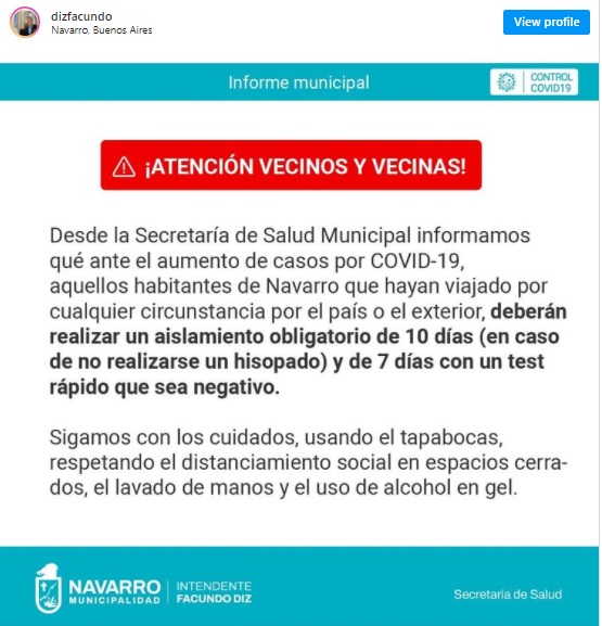 La publicación fue eliminada de la cuenta del intendente de Navarro