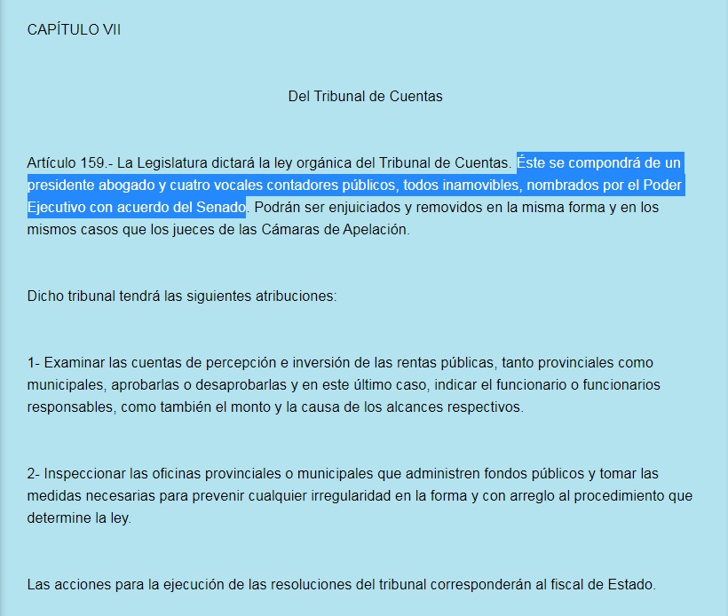 La Constitución provincial define que los integrantes del Tribunal de Cuentas se designarán con acuerdo del Senado bonaerense. 
