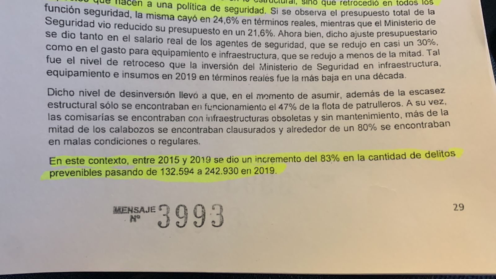 Extracto del mensaje del Presupuesto 2022 que cuestiona la gestión de Seguridad de Vidal.