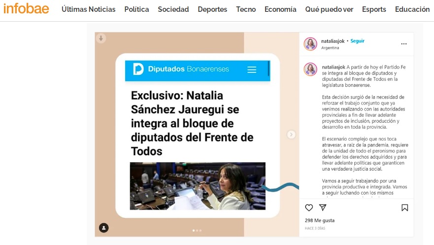 DIPUTADOS BONAERENSES ADELANTÓ EN EXCLUSIVA EL PASE DE NATALIA SÁNCHEZ JAUREGUI.