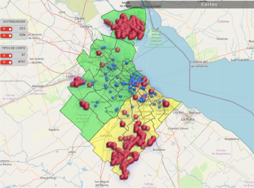 El mapa de los cortes de luz del ENRE, en la mañana del lunes 17 de enero