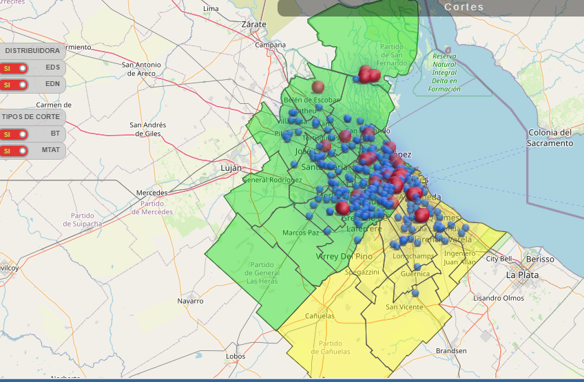 El mapa de los cortes de luz en el Conurbano bonaerense hoy, sábado 15 de enero.