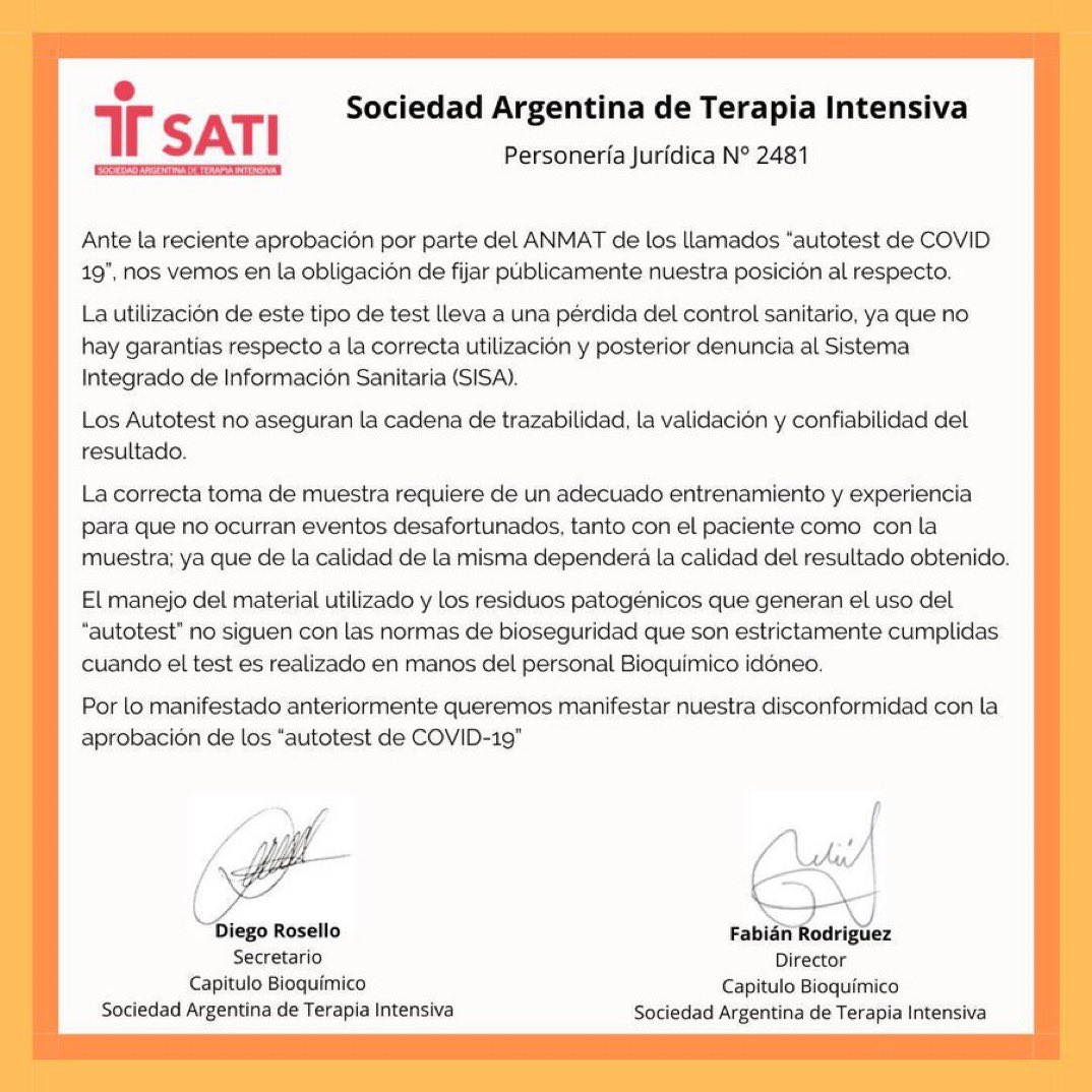 El comunicado de la Sociedad Argentina de Terapia Intensiva contra los autotest covid