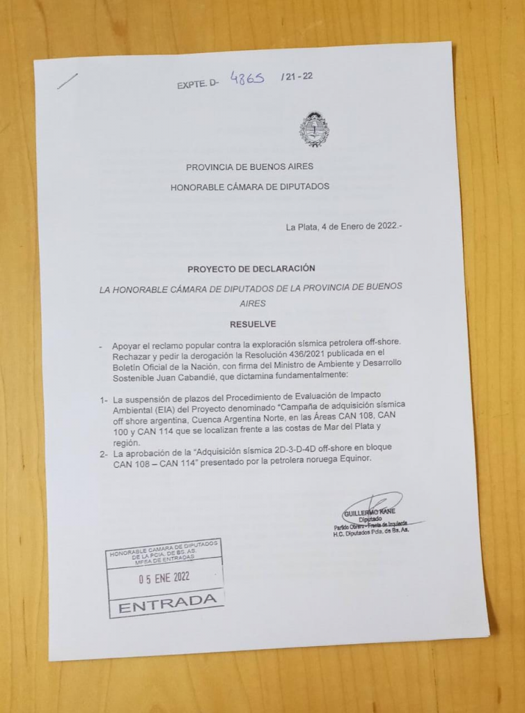 El proyecto de Kane que rechaza la explotación petrolera en el Mar Argentino. 