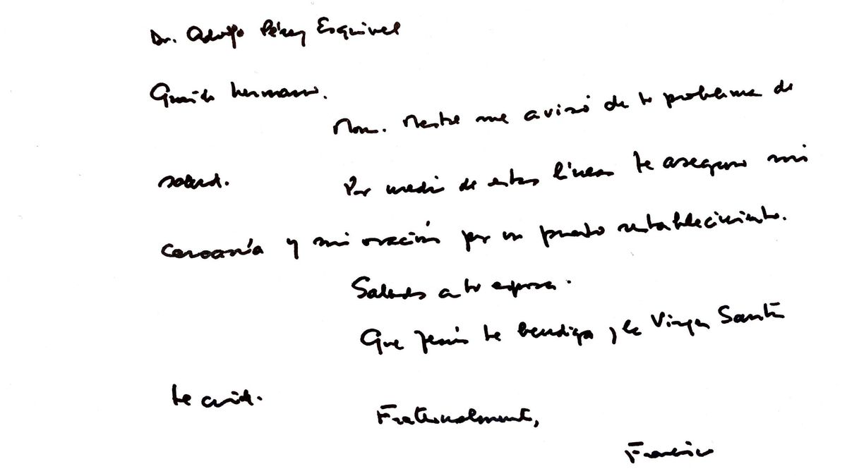 La carta que el Papa Francisco le envió a Adolfo Pérez Esquivel.