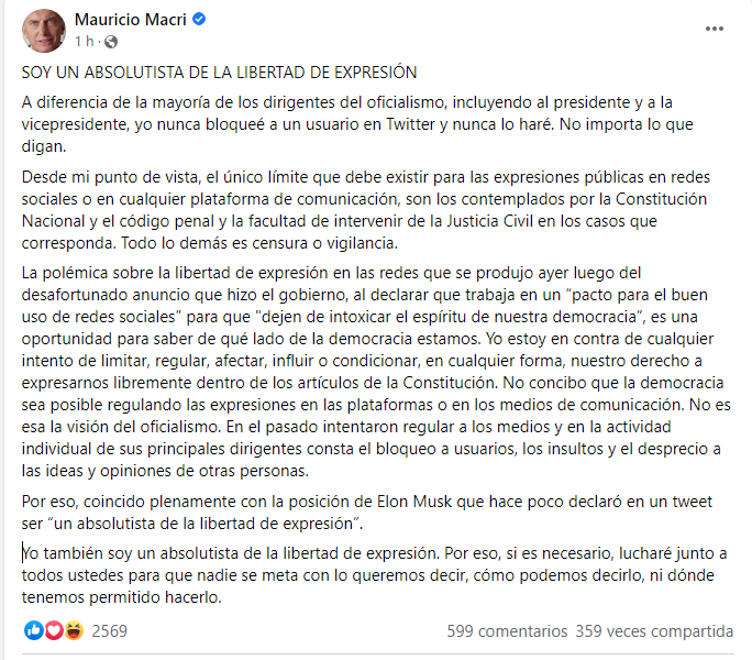La carta de Macri sobre el proyecto de redes sociales.