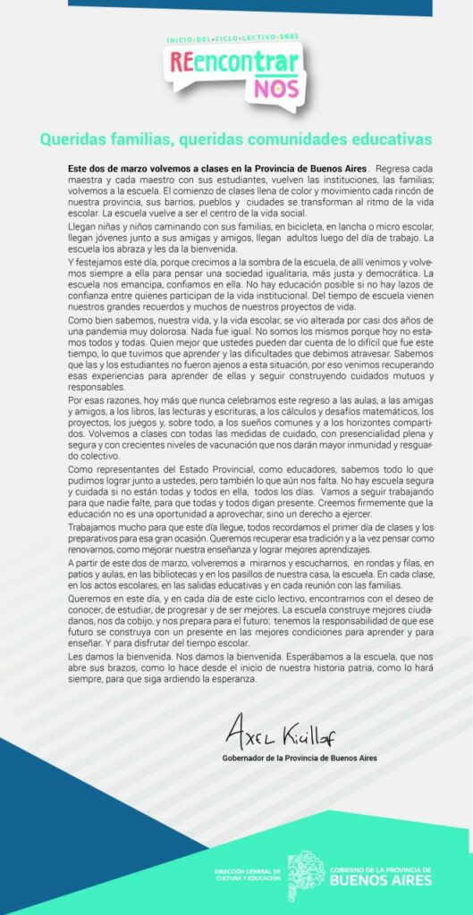 Ciclo lectivo 2022. La carta de Kicillof a las comunidades educativas. 