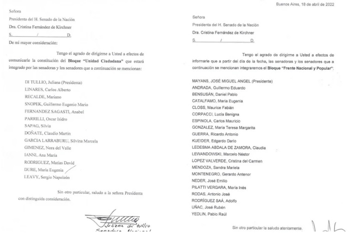 Las notas que piden la conformación de los interbloques en el Senado nacional. 