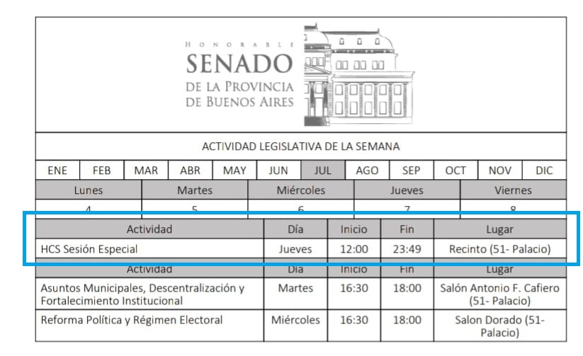 La sesión del Senado bonaerense ya figura en la agenda oficial.