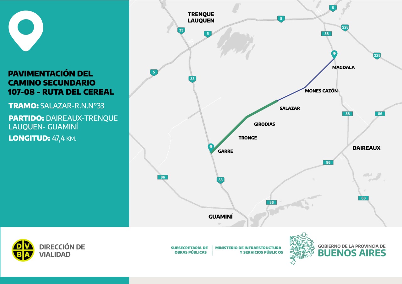 Mapa de la obra de pavimentación dispuesta por Kicillof en la Ruta del Cereal.