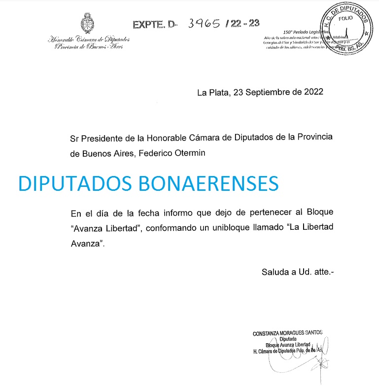 La nota cursada por Moragues para anunciar la conformación de su unibloque.