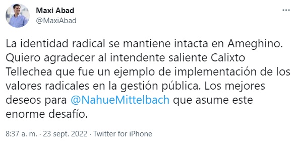El diputado Maximiliano Abad respaldó al nuevo intendente de Ameghino Nahuel Mittelbach. 