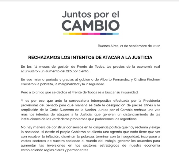El comunicado de Juntos por el Cambio en rechazo a la reforma de la Corte.