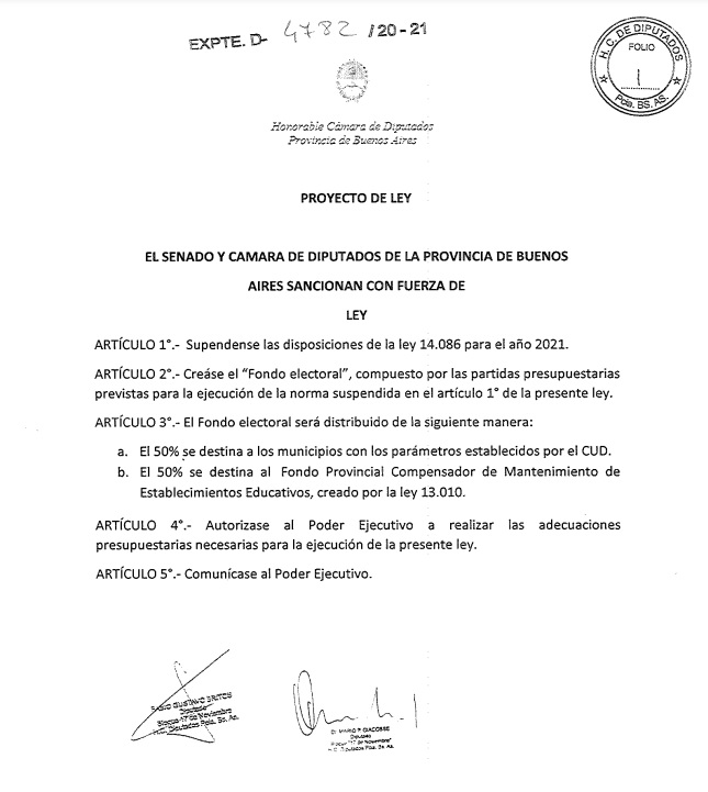 El proyecto de suspensiòn de las PASO que presentó Britos en 2021.