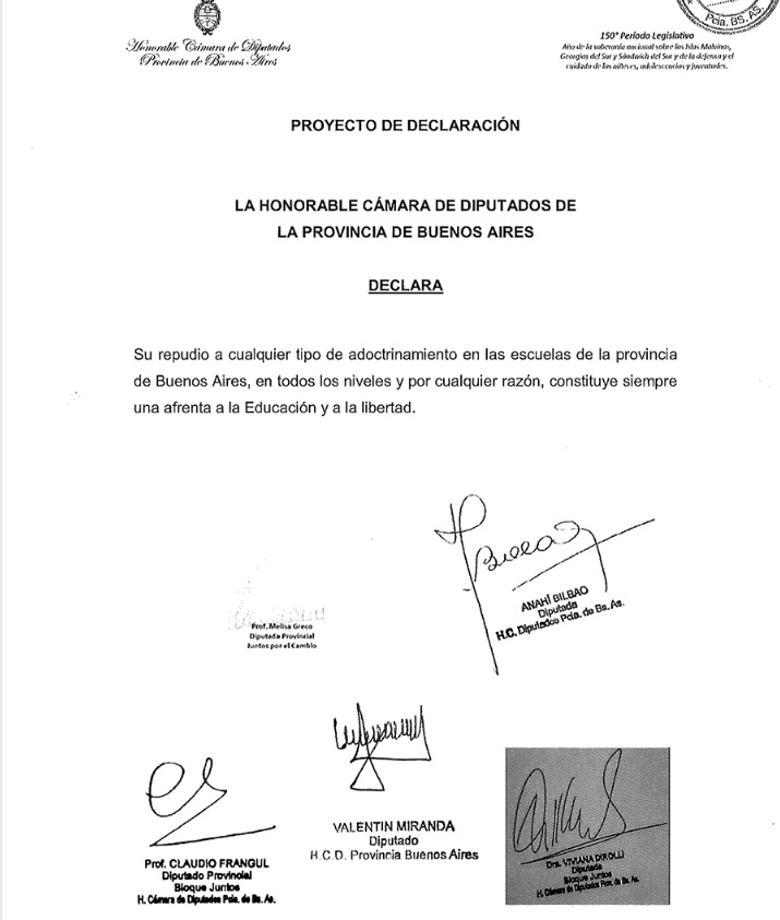 El repudio al adoctrinamiento en escuelas bonaerenses de los diputados y diputadas de la UCR.