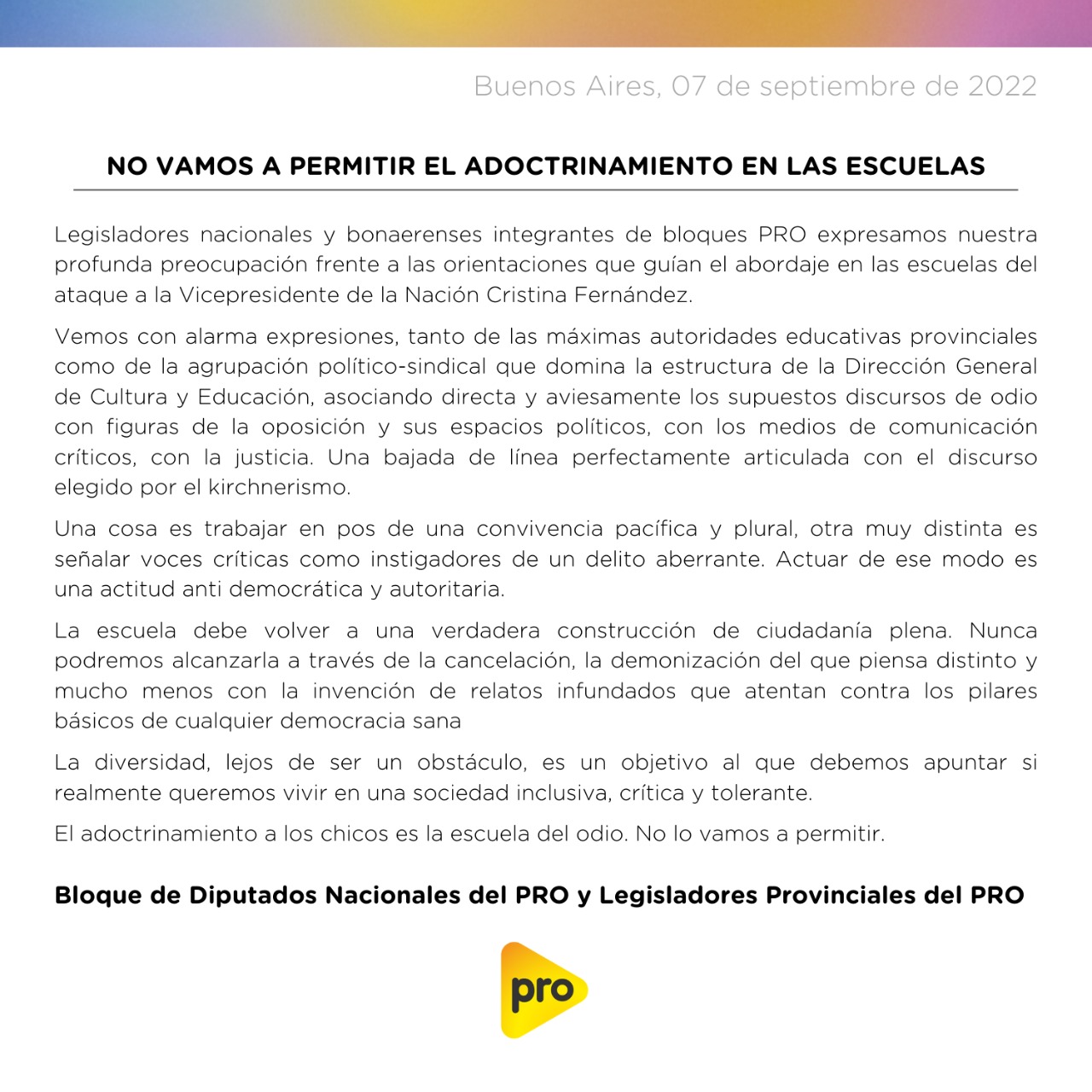 El comunicado del PRO donde denuncian adoctrinamiento en las escuelas bonaerenses.