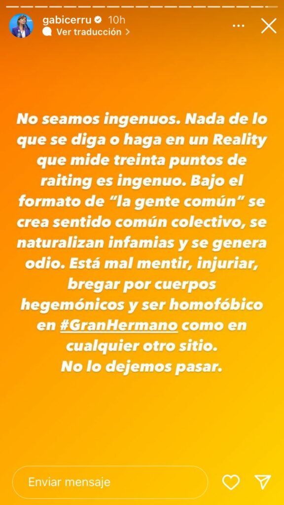 La portavoz Gabriela Cerruti defendió al presidente Alberto Fernández de los dichos de un participante de Gran Hermano.