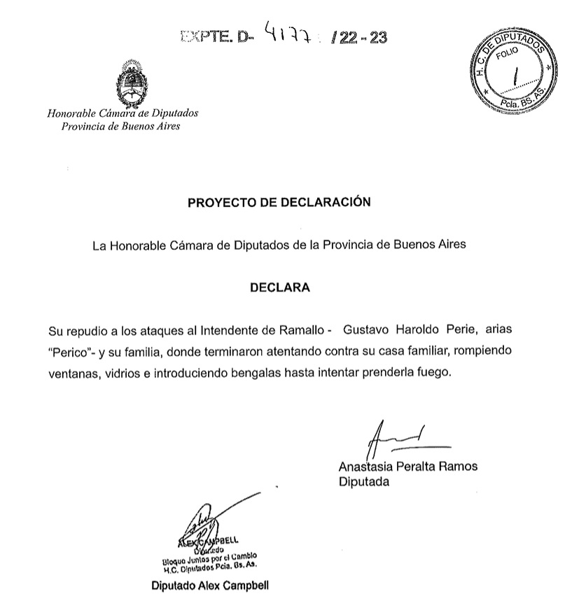 El proyecto de Juntos en repudio al ataque del intendente de Ramallo.