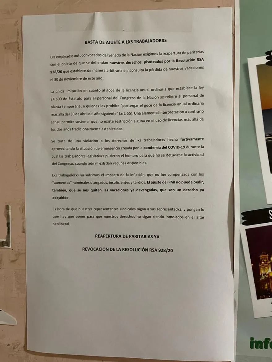El comunicados de los trabajadores autoconvocados del Senado nacional. 