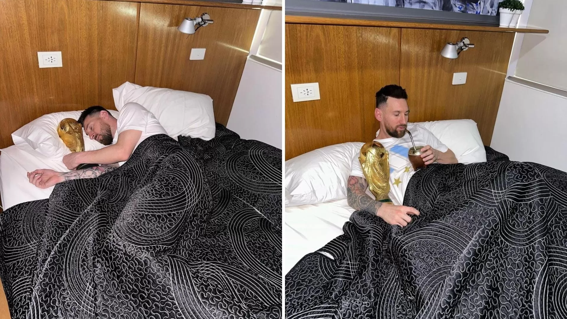 Messi durmió abrazado a la Copa del Mundo y con mate en mano.