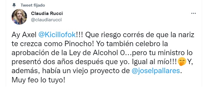 El tuit de Rucci contra Kicillof por la ley de alcohol cero.
