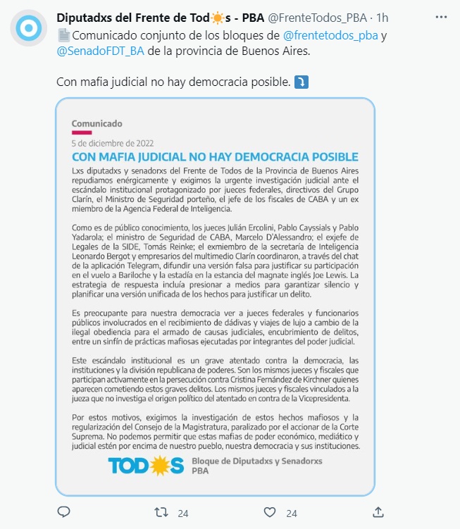 El comunicado de los legisladores bonaerenes del Frente de Todos por el escándalo del Lago Escondido.