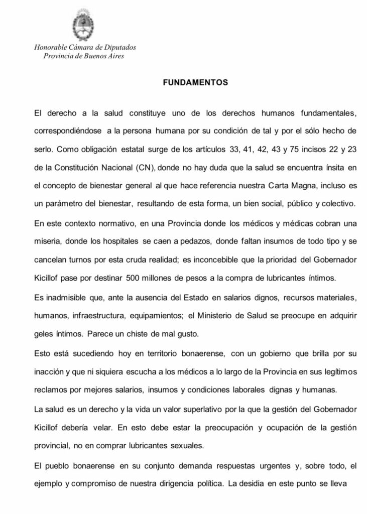 El pedido de informes de Juntos a Kicillof sobre el escándalo de los potes de gel íntimo. 