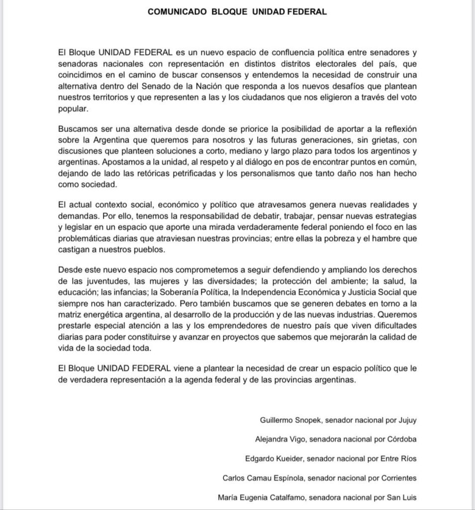 El comunicado de los senadores de Unidad Federal.