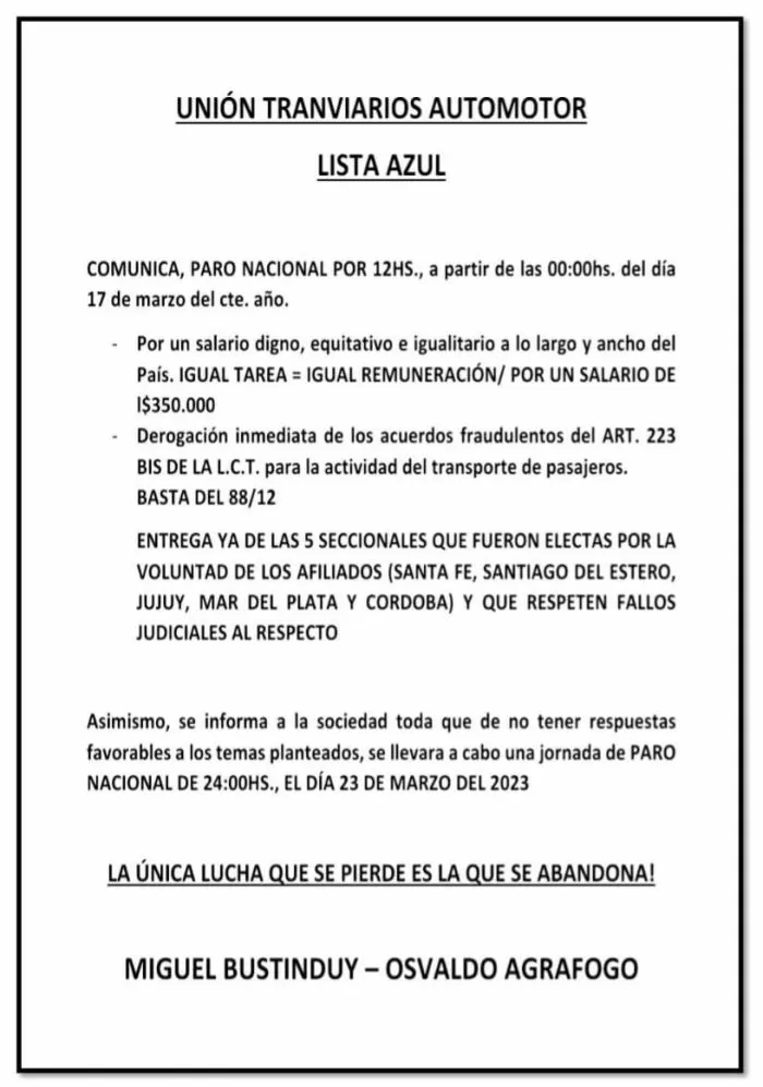 El sector disidente de la UTA ratifico un nuevo paro de colectivos para el próximo jueves, el reclamo tendrá una duración de 24 horas. 