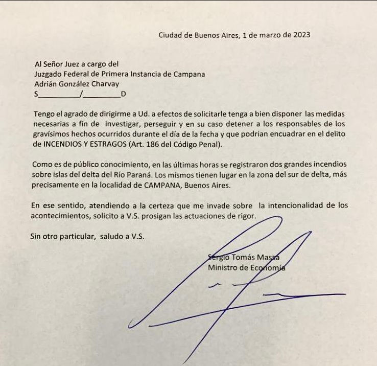 La denuncia de Sergio Massa sobre los incendios que motivaron el apagón masivo.