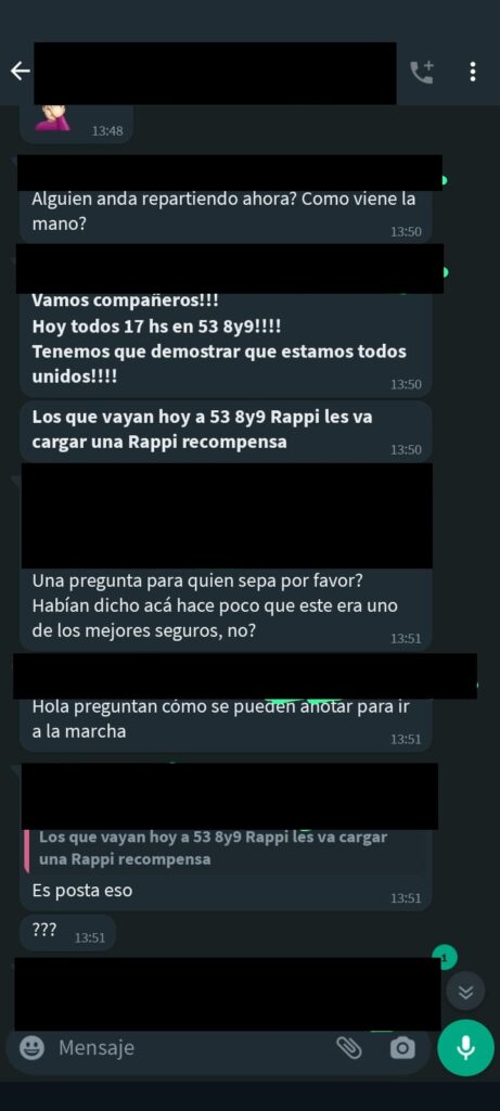 El mensaje a través del cual se ofrecieron "recompensas" por ir a la marcha de Rappi en la Legislatura bonaerense. 