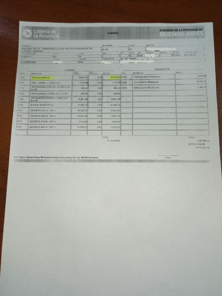 Estatales bonaerenses: el sueldo básico de un empleado del Instituto Provincial de Lotería y Casino.