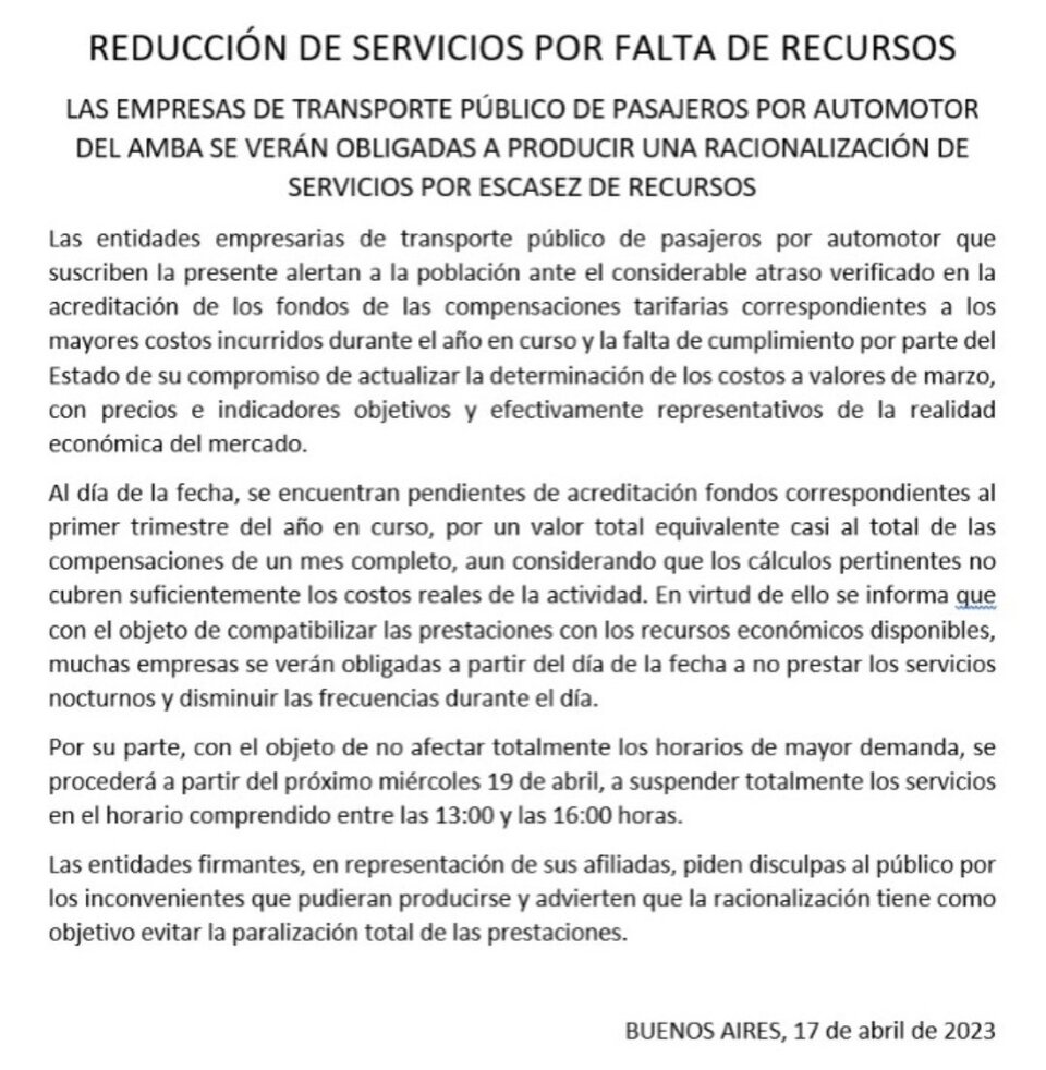 Las cámaras empresariales de colectivos anunciaron una reducción del servicio por “falta de recursos”. ¿Qué líneas afecta? 