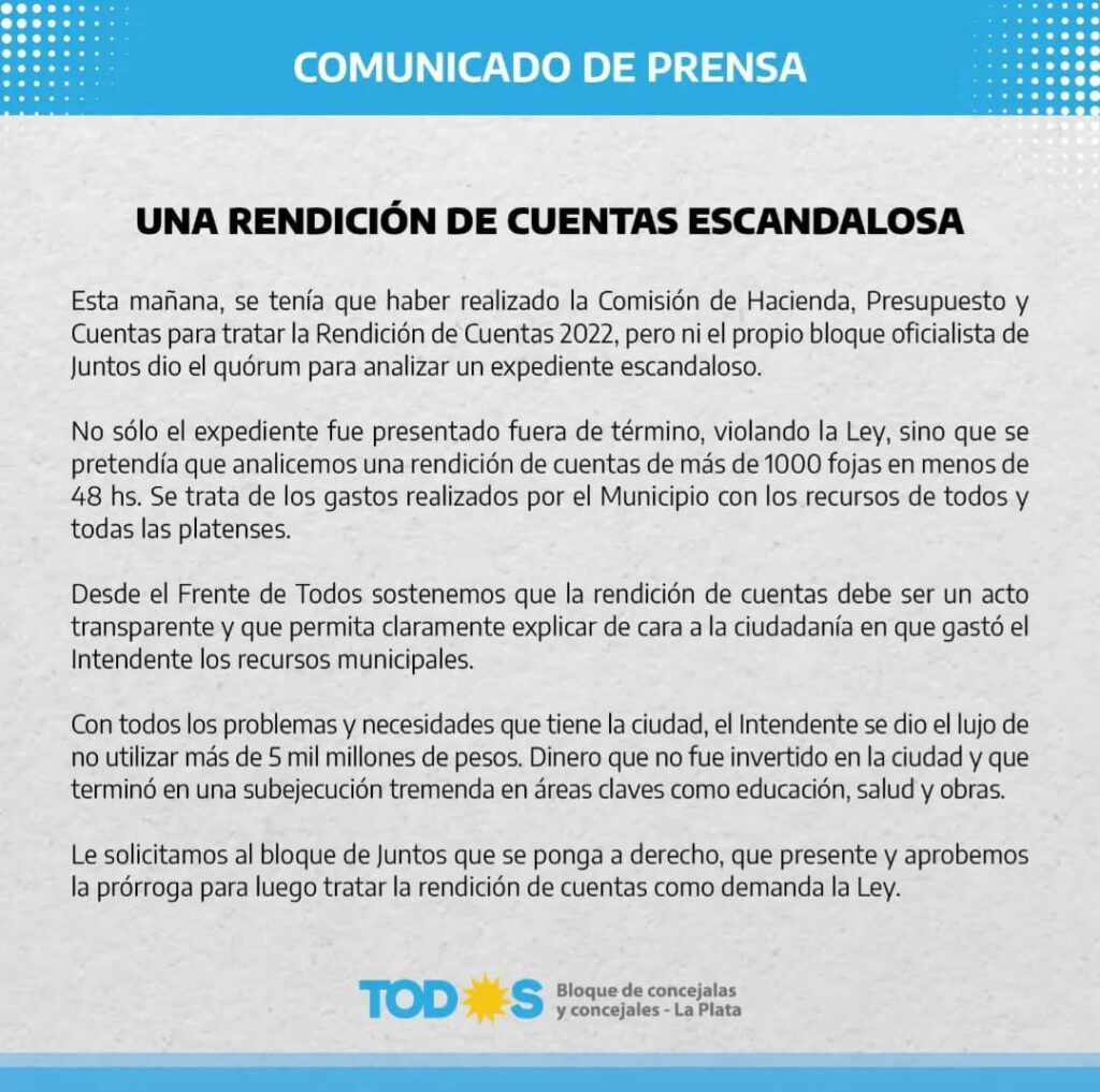 El interbloque oficialista no dio quorum en el Consejo Deliberante para la rendición de cuentas 2022 y el Frente de Todos largó la bronca. 