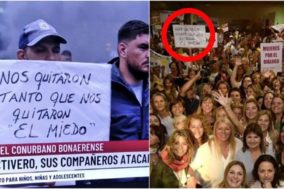 A la izquierda, el cartel utilizado en la concentración de colectiveros de la UTA. A la derecha, el mismo cartel en un acto de Bullrich una semana antes del crimen de Daniel Barrientos.