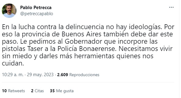 Petrecca se sumó al pedido para que el gobierno de Axel Kicillof incorpore el uso de las pistolas taser en la Policía Bonaerense.