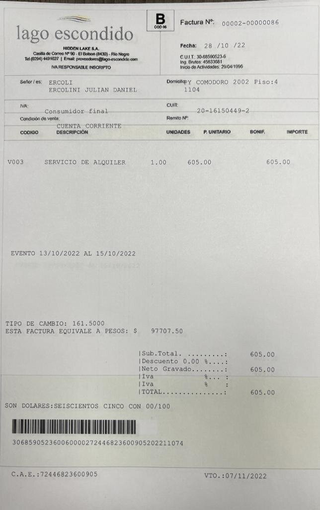 Viaje a Lago Escondido. Una de las facturas que investiga la AFIP.