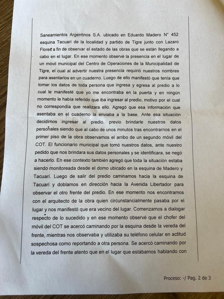 Un fragmento de la denuncia de Galmarini por la "persecusión" en Tigre.