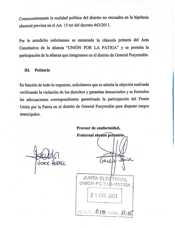 El pedido de impugnación de la claúsula 10 del reglamento interno de Unión por la Patria.