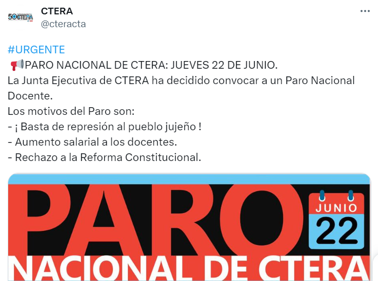 Los docentes de Jujuy llevan dos semanas de paro en reclamo de reapertura de paritarias y aumentos salariales.