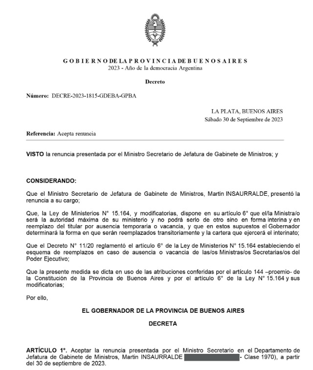 El decreto de Axel Kicillof para aceptar la renuncia de Martín Insaurralde. 