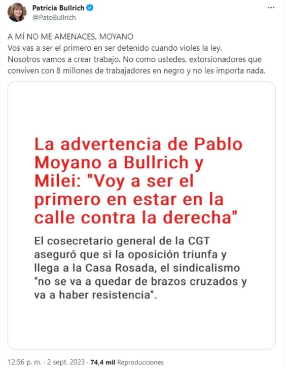 El mensaje de Patricia Bullrich a Pablo Moyano: "Vas a ser el primero en ser detenido". 