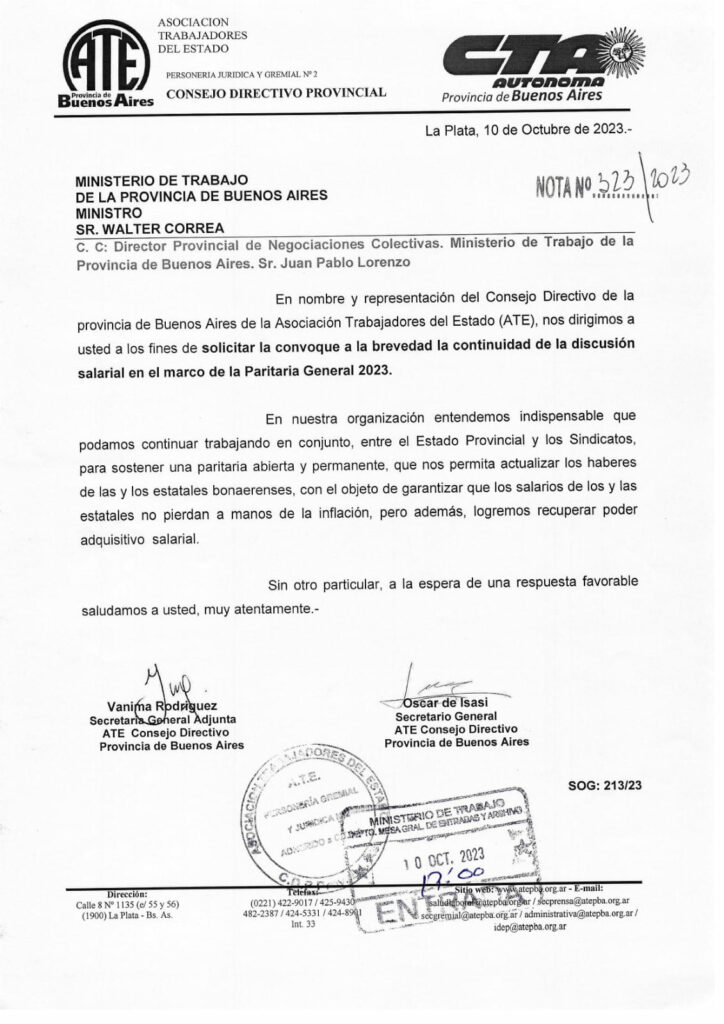 ATE bonaerense olicitó al Ejecutivo de Kicillof que convoque “a la brevedad y de manera urgente” la continuidad de la discusión paritaria.