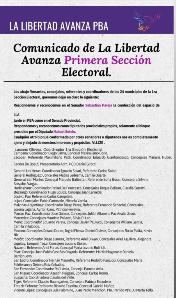 Legislatura bonaerense: el comunicado de los referentes de la Primera sección electoral.