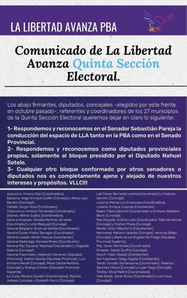 El comunicado de los dirigentes de la Quinta sección electoral.