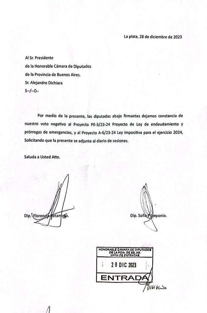 La nota que presentaron las diputadas bonaerenses de Patria Bullrich.